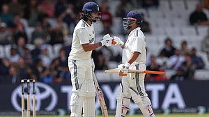 | Photo: AP/Scott Heppell : IND Vs ENG, 3rd Test Day 2: KL Rahul celebrates with batting partner Rishabh Pant