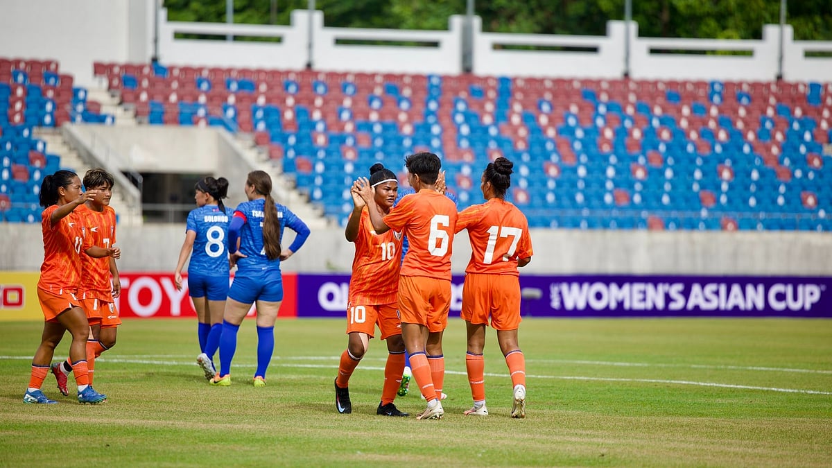 | Photo: X/IndianFootball : India vs Mongolia, Women's Asian Cup Qualifiers: Pyari Xaxa celebrates after scoring against Mongolia on 23 June 2025.