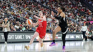 Caitlin Clark #22 of the Indiana Fever drives against A'ja Wilson #22 of the Las Vegas Aces in the third quarter of their game at T-Mobile Arena on June 22, 2025 in Las Vegas, Nevada. The Aces defeated the Fever 89-81.