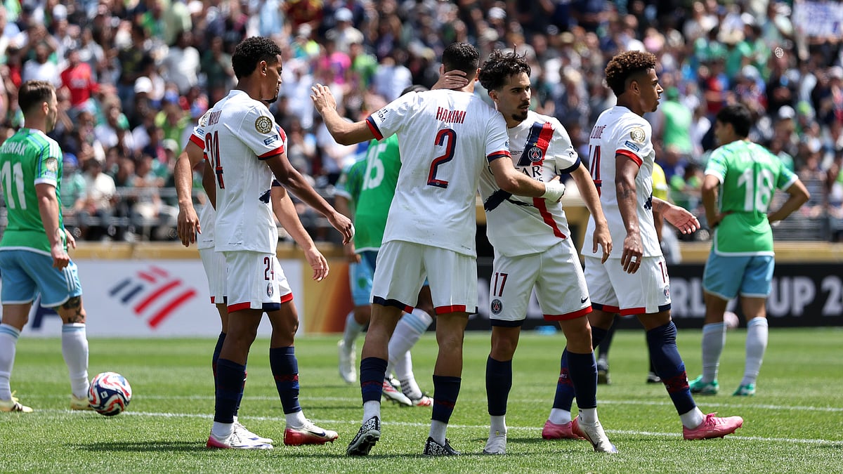 PSG celebrate their second goal against the Seattle Sounders.