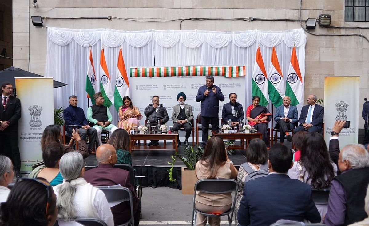HCI_London via PTI Photo : In this image released by @HCI_London via X on June 2, 2025, members of the multi-party Indian delegation led by BJP MP Ravi Shankar Prasad addresses the Indian community at the India House in London. 