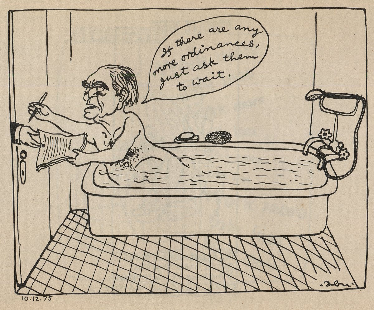 Abu Abrahams cartoon of then President Fakhruddin Ali Ahmed signing the Emergency order
