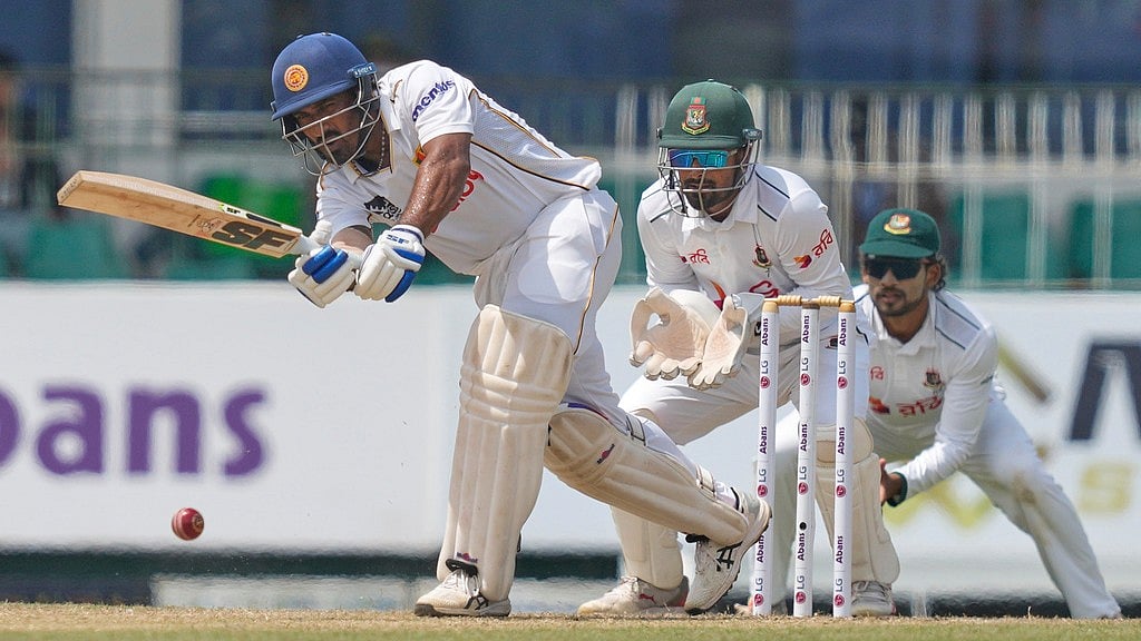 AP : Lahiru Udara plays a shot during the second day of the second cricket test match between Sri Lanka and Bangladesh in Colombo, Sri Lanka.