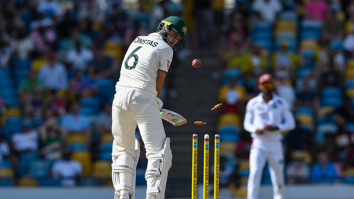File : West Indies vs Australia, 1st Test Day 2: Australia's Sam Konstas dismissed.