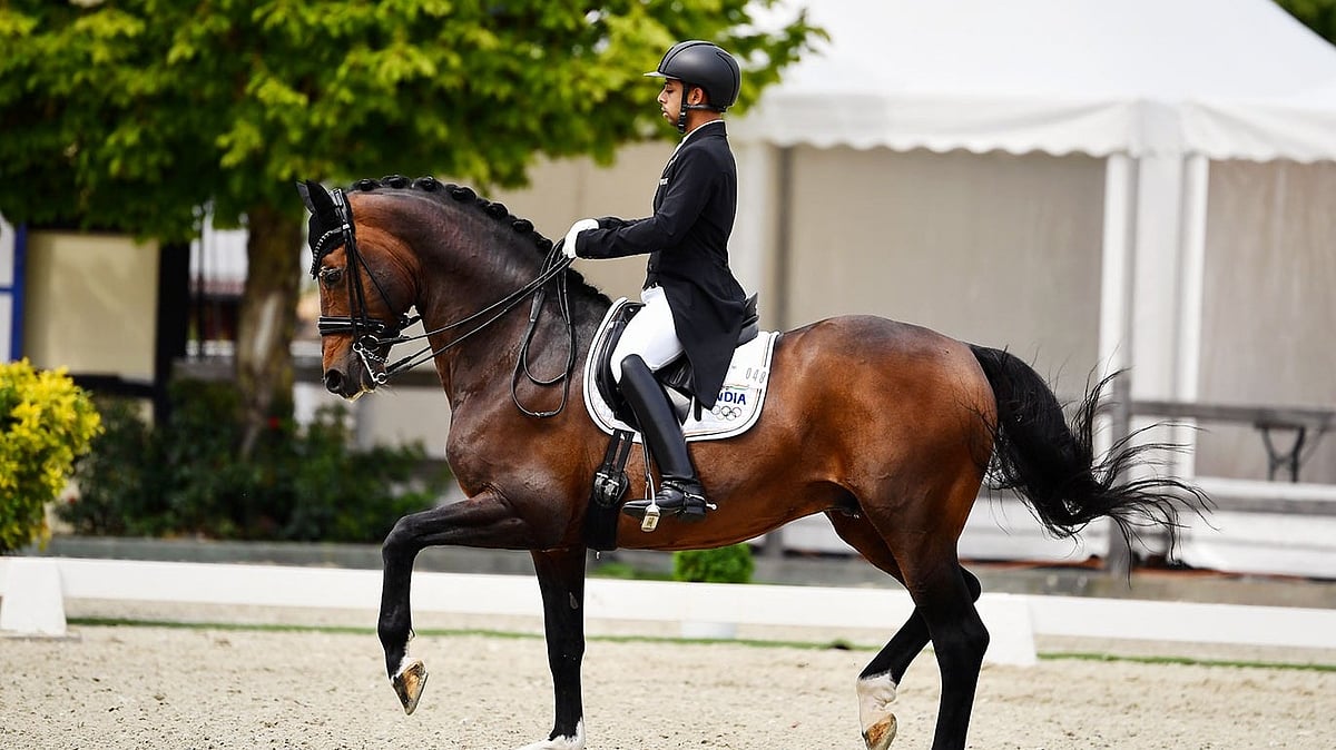 Photo: X | Reliance Foundation Sports : Indian Equestrian Anush Agarwalla with his horse, Sir Caramello.
