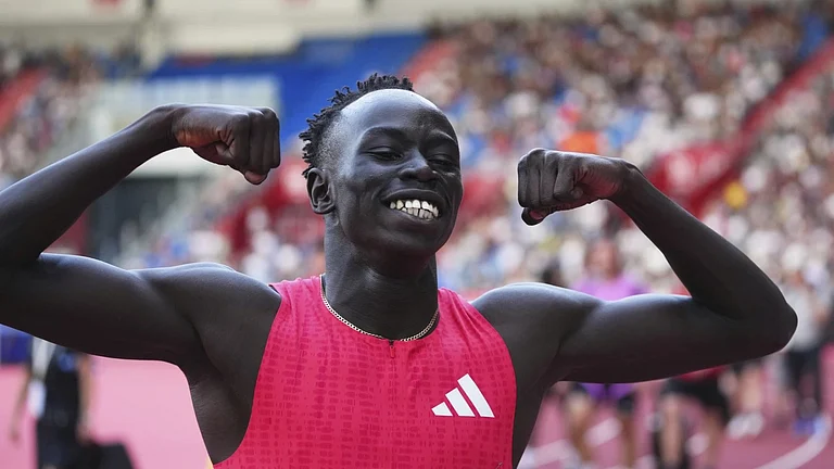 Gout Gout, of Australia, celebrates after winning the men 200 meters during the Ostrava Golden Spike athletics meet in Ostrava, Czech Republic, Tuesday, June 24, 2025. - AP