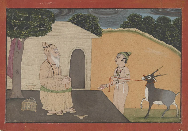 Epic scene of guru with student and deer