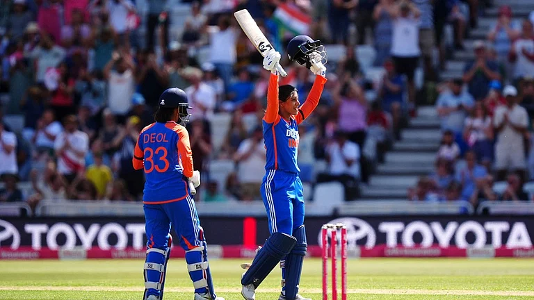 India vs England, 1st women's T20I: Smriti Mandhana celebrates her hundred at Trent Bridge, Nottingham. - AP