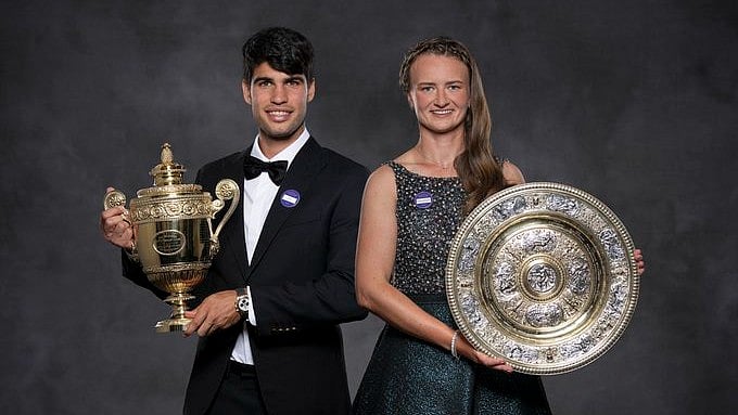 Wimbledon 2025 Live Streaming: Carlos Alcaraz and Barbora Krejcikova with their Wimbledon 2024 titles. - X/wimbledon