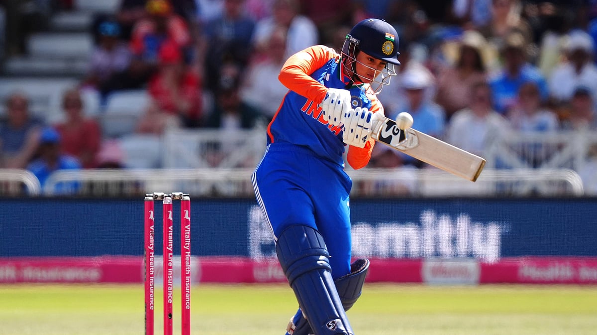 (Mike Egerton/PA via AP) : India's Smriti Mandhana plays a shot during during the second Women's International T20 at Trent Bridge, Nottingham, England, Saturday, June 28, 2025.
