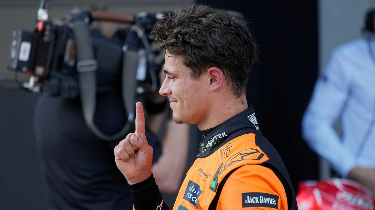 (AP Photo/Darko Bandic)
 : Austrian Grand Prix Quali LIVE Updates, F1 2025: McLaren driver Lando Norris of Britain reacts after winning the pole position at the qualifying at the Red Bull Ring racetrack, ahead of the Austrian Formula One Grand Prix in Spielberg, Austria, Saturday, June 28, 2025. 

