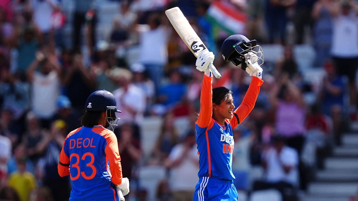 Mike Egerton : India's Smriti Mandhana celebrates a hundred runs during the second Women's International T20 at Trent Bridge, Nottingham, England, Saturday, June 28, 2025.
