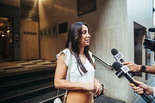 Photo by Dion Georgopoulos / The Sydney Morning Herald via Getty Images : Antoinette Lattouf with her lawyers speaks to media about her wrongful dismissal case at the ABC, outside the Laws Courts Building. January 18th, 2024. 