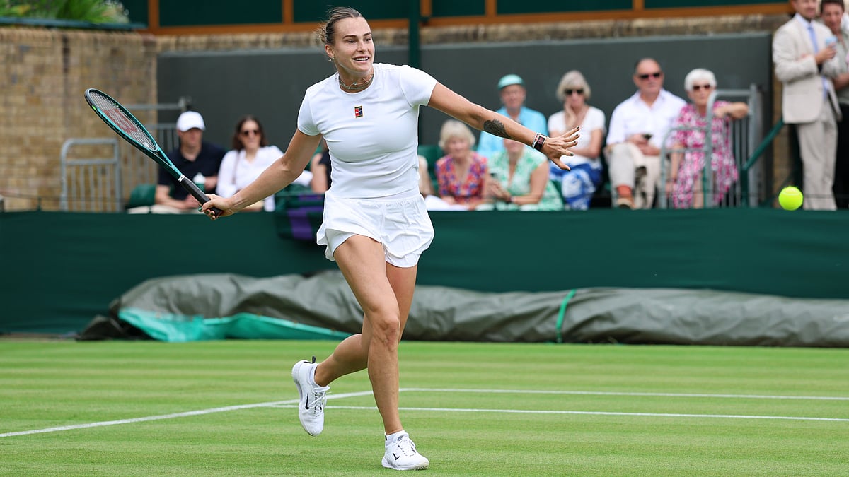 Aryna Sabalenka pictured on the practice courts at Wimbledon