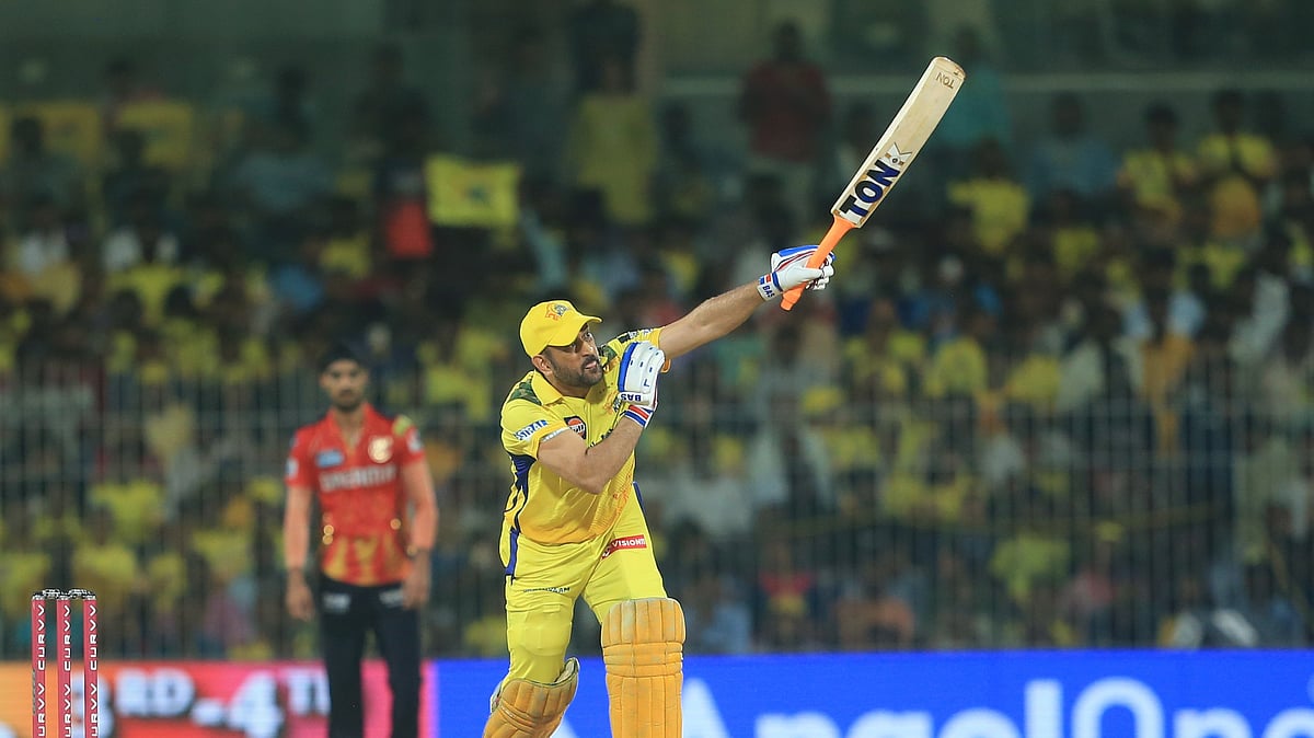 Chennai Super Kings batter Mahendra Singh Dhoni playing a shot in the IPL 2025. - PTI Photo/R. Parthibhan