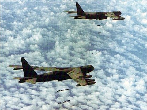 US military aircrafts dropping bombs during the Cambodian Campaign