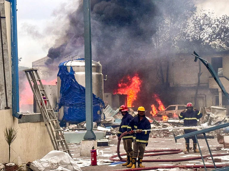 Firefighters try to extinguish a fire that broke out in a chemical factory, at Pashamylaram, in Medak district, Telangana, Monday, June 30, 2025.
- PTI Photo
