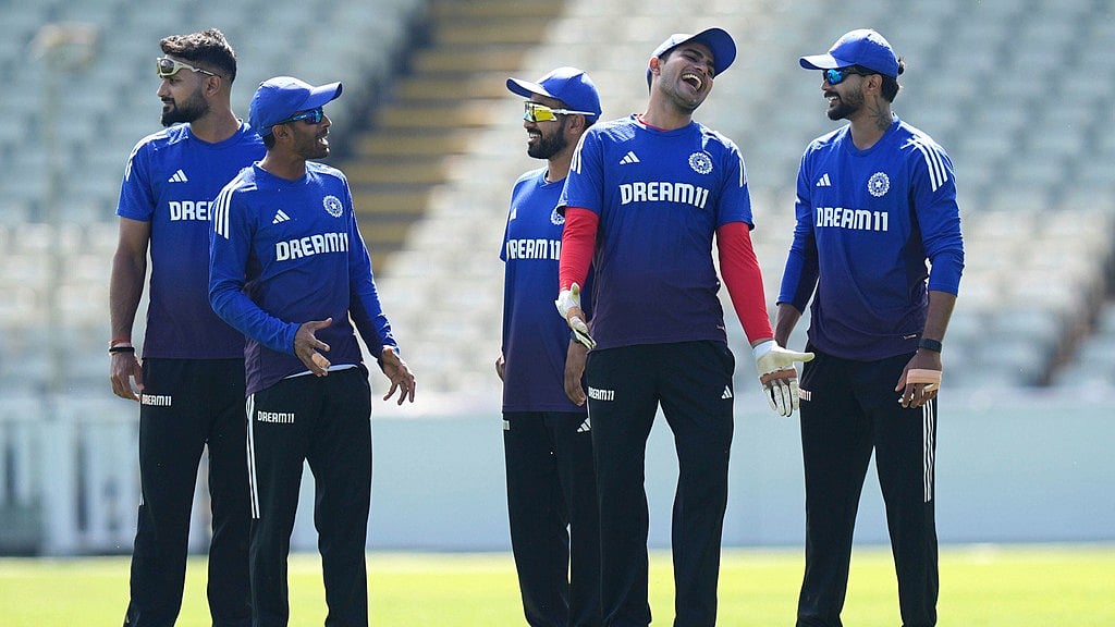 Jacob King/PA via AP : India vs England, 2nd Test: Captain Shubman Gill, second right and teammates react during a nets session at Edgbaston.