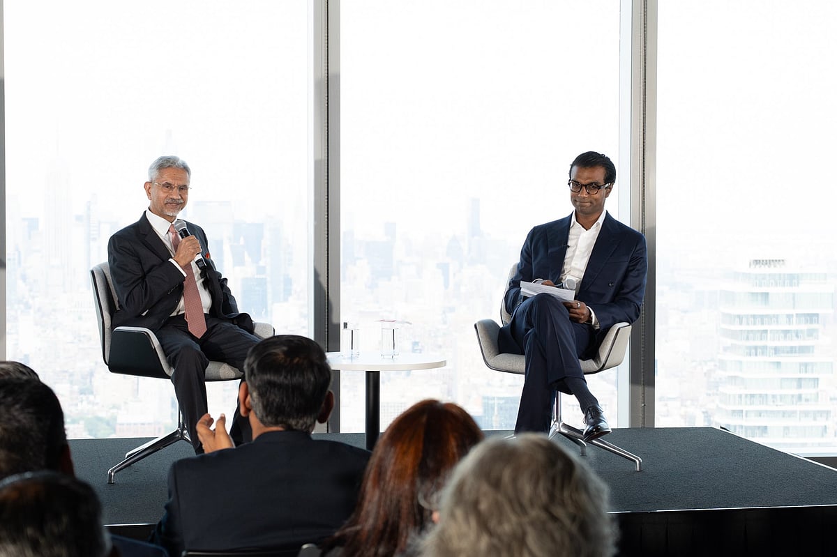 X/@DrSJaishankar : S Jaishankar during a conversation with Newsweek CEO Dev Pragad at One World Trade Center