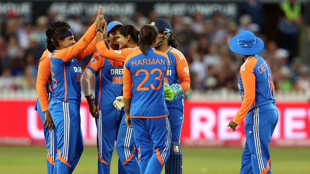 Photo: Nigel French/PA via AP : India celebrate the wicket of England's Tammy Beaumont during the second women's T20 international at the Seat Unique Stadium in Bristol.