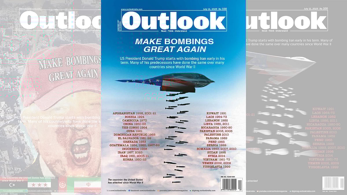 Photo credit: United States Department of Defence and illustration by Vikas Thakur : Make Bombings Great Again, Outlook magazine, July 11, 2025