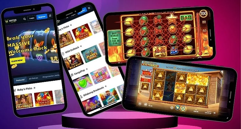 Ripper mobile page, Lobby, Hot Chilli Bells & Tessa Hunt And The Eye Of Horus Pokies Game