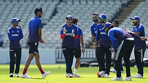 AP : India vs England, 2nd Test Live Streaming: Captain Shubman Gill, centre and teammates react during a nets session in Edgbaston.