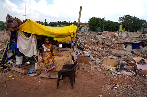 Deepa Mishra lives with her son in this makeshift settlement.