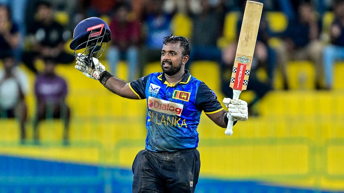 File : Sri Lanka vs Bangladesh, 1st ODI; Charith Asalanka celebrates his century.