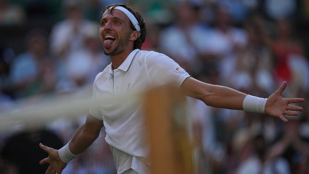 AP/Kin Cheung : Arthur Rinderknech of France celebrates after beating Alexander Zverev of Germany in their first round men's singles match at the Wimbledon Tennis Championships in London, Tuesday, July 1, 2025. 