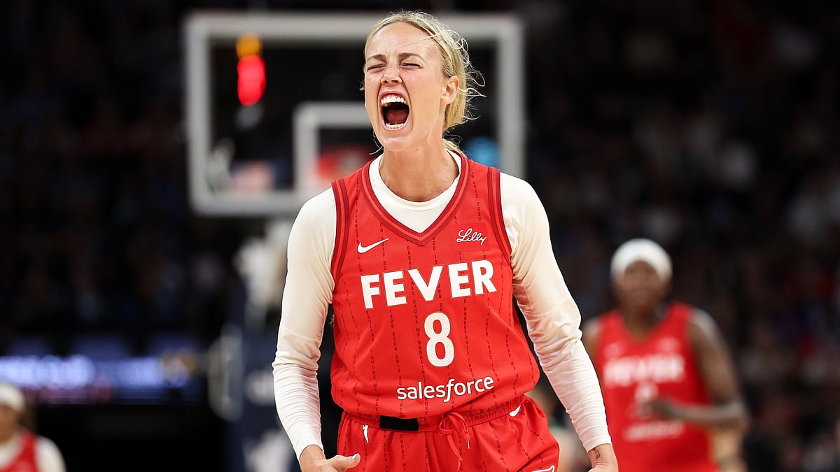 Sophie Cunningham #8 of the Indiana Fever celebrates her three-point basket against the Minnesota Lynx during the fourth quarter of the championship game of the 2025 Commissioners Cup at Target Center on July 1, 2025 in Minneapolis, Minnesota.