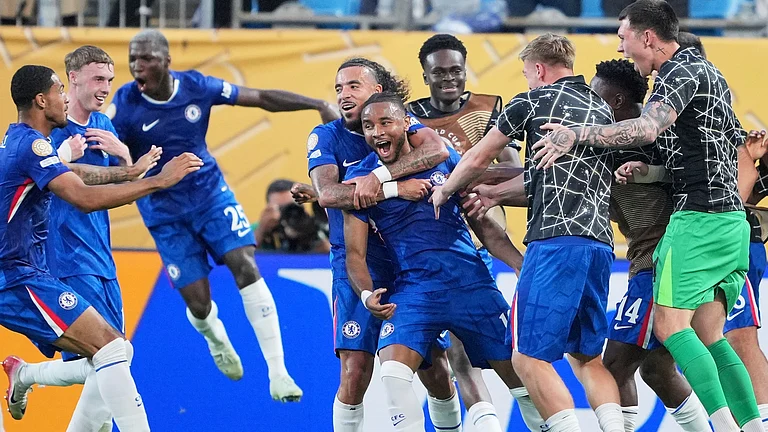 Chelsea's Christopher Nkunku is congratulated after scoring his team's second goal during the Club World Cup round of 16 soccer match between Benfica and Chelsea in Charlotte. - AP Photo/Chris Carlson