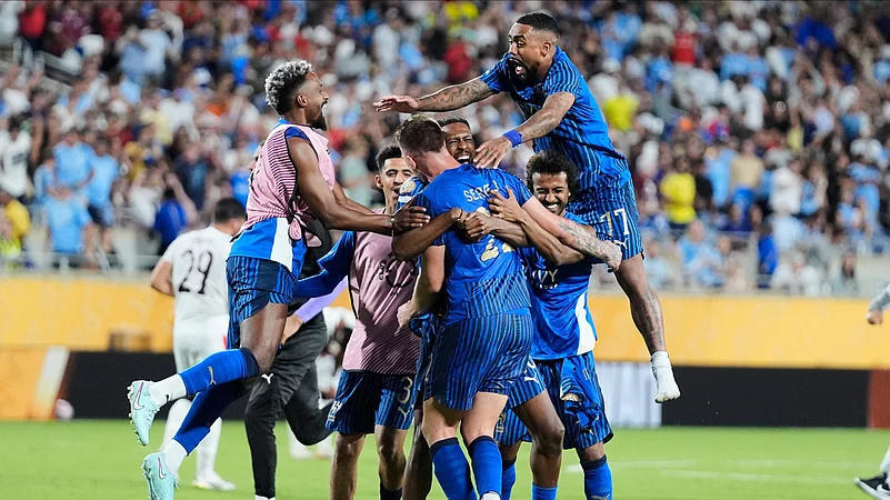 Al Hilal players celebrate following the Club World Cup round of 16. AP