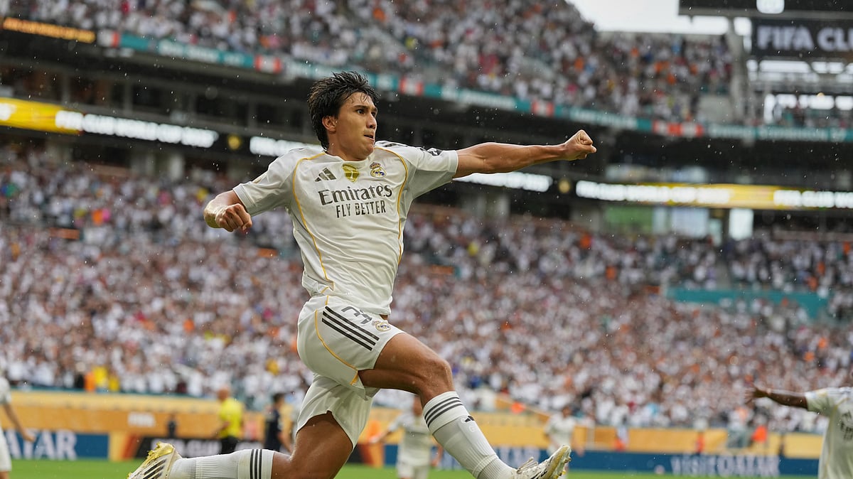 Real Madrids Gonzalo Garcia celebrates after scoring. AP