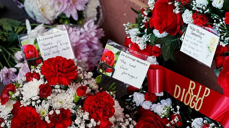 Tributes at Anfield Stadium, home of Liverpool, in memory of Liverpool player Diogo Jota, Thursday July 3, 2025. -  (Peter Byrne/PA via AP)