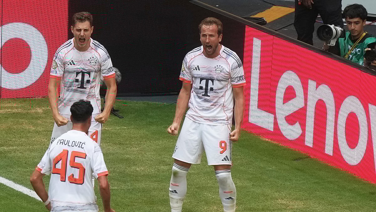 Bayern Munichs Harry Kane celebrates scoring his sides 4th goal. AP