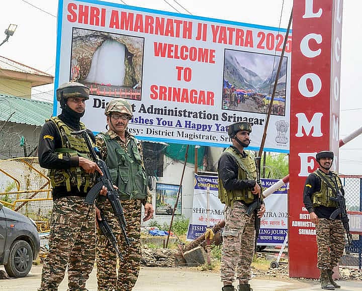PTI : Security personnel deployed at an Amarnath Yatra transit camp in Pantha Chowk 