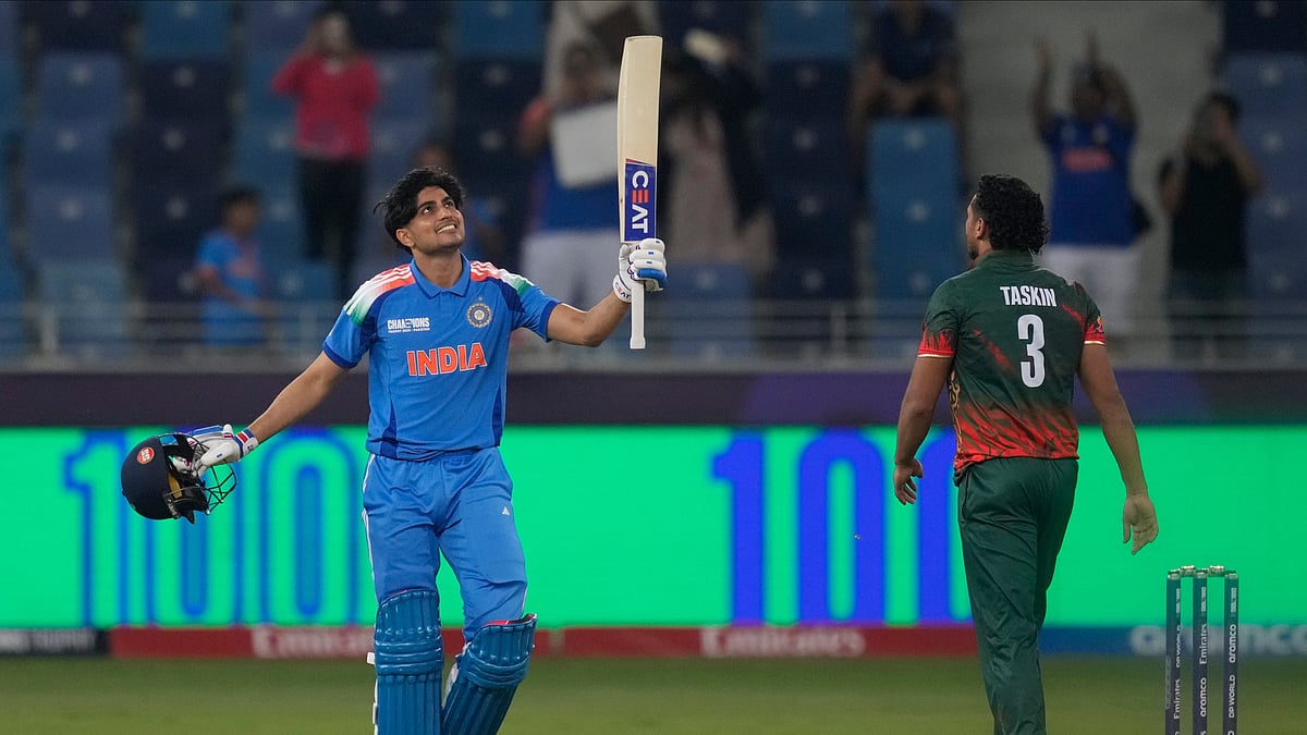 File photo of India's Shubman Gill who celebrates after scoring a century during the ICC Champions Trophy cricket match between India and Bangladesh at Dubai International Cricket Stadium in Dubai, United Arab Emirates, Thursday, Feb. 20, 2025.

 -  (AP Photo/Altaf Qadri)
