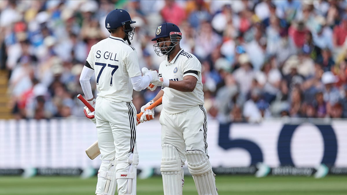 India's captain Shubman Gill, left, celebrates with batting partner Rishabh Pant after scoring fifty runs on day one of the second cricket test match between England and India at Edgbaston in Birmingham, England, Wednesday, July 2, 2025. 

 - (AP Photo/Scott Heppell)