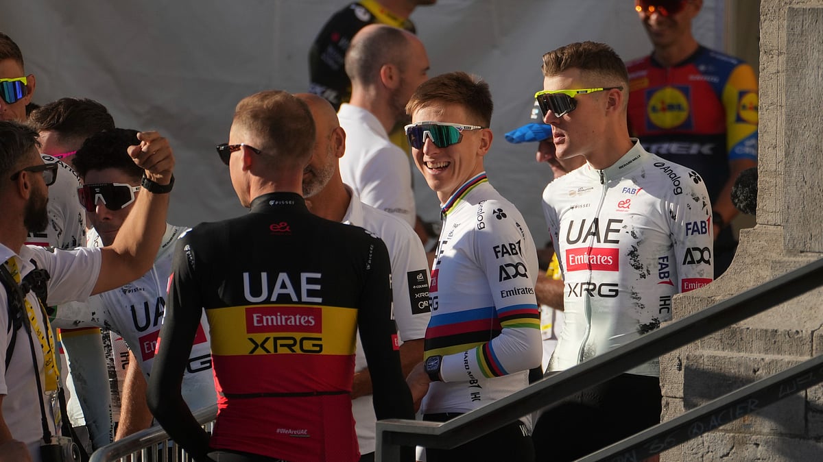 | Photo: AP/Thibault Camus : Tour de France 2025: Slovenia's Tadej Pogacar laughs during the team presentation two days ahead of the start of the Tour de France Cycling race in Lille, France, Thursday, July 3, 2025.