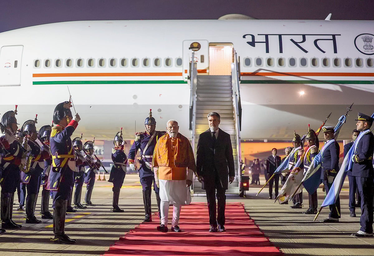 PMO via PTI photo : In this image released by PMO on July 5, 2025, Prime Minister Narendra Modi being accorded a ceremonial welcome upon his arrival at the Ezeiza International Airport, in Buenos Aires, Argentina.