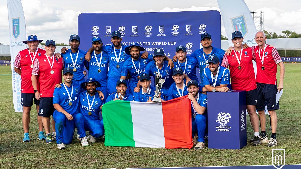 | Photo: X/icc_europe : Italy vs Guernsey, ICC T20 World Cup Europe Qualifiers: Italy team during their sub-regional qualifier match against Romania.