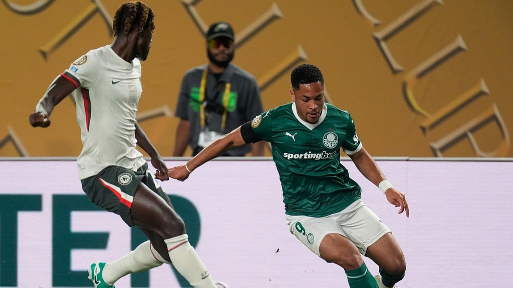 AP : Palmeiras' Vitor Roque, right, and Chelsea's Trevoh Chalobah battle for the ball during the Club World Cup quarterfinal soccer match between Palmeiras and Chelsea in Philadelphia.