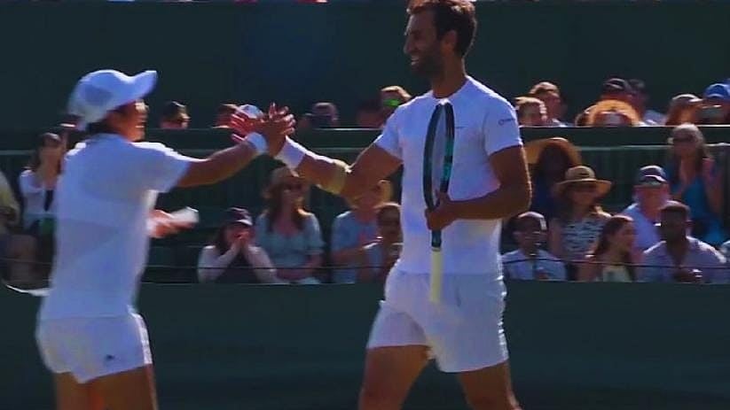| Photo: X/asian_tennis : Yuki Bhambri / Xinyu Jiang celebrate after their win against Nicole Melichar-Martinez and Christian Harrison in Wimbledon 2025.
