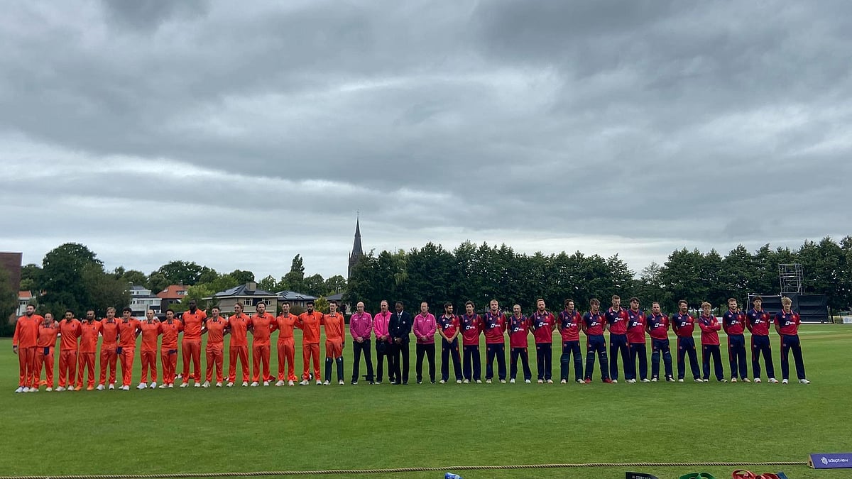 | Photo: X/cricketinjersey : Italy Vs Jersey, ICC T20 World Cup Europe Qualifier 2025: The Jersey cricket team posing with the Netherlands cricket team before their match.