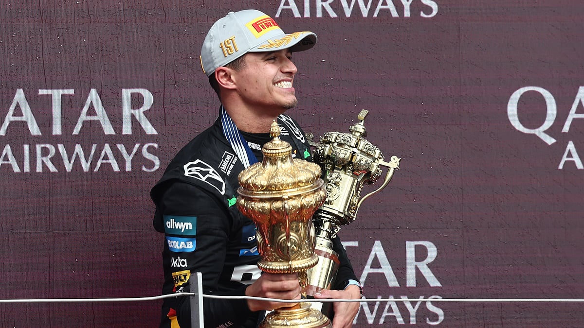 Lando Norris celebrates his victory at the British Grand Prix