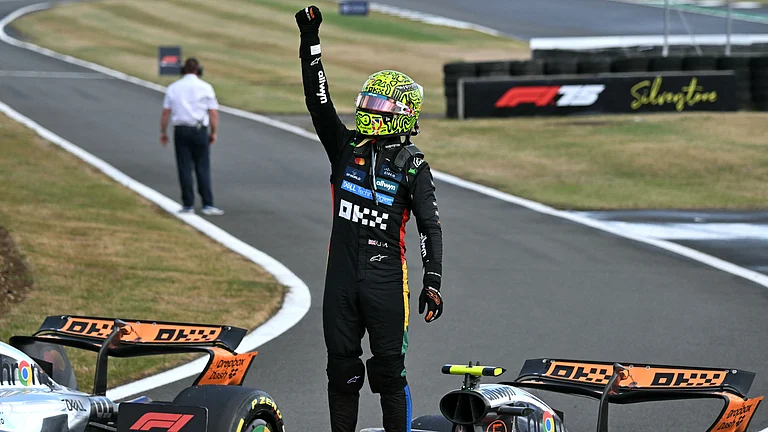 Lando Norris celebrates his British Grand Prix victory - null