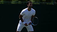 File : Yuki Bhambri and Robert Galloway beat Portugal's Nuno Borges and Marcos Giron 6-3, 7-6 (8-6) in the Wimbledon men's doubles round of 32.