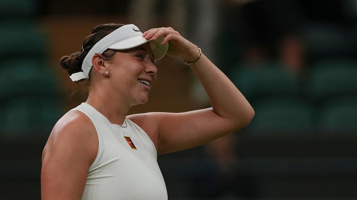 AP Photo/Joanna Chan : Amanda Anisimova of the U.S. celebrates winning her women's singles fourth-round match against Linda Noskova of the Czech Republic at the Wimbledon Tennis Championships in London.