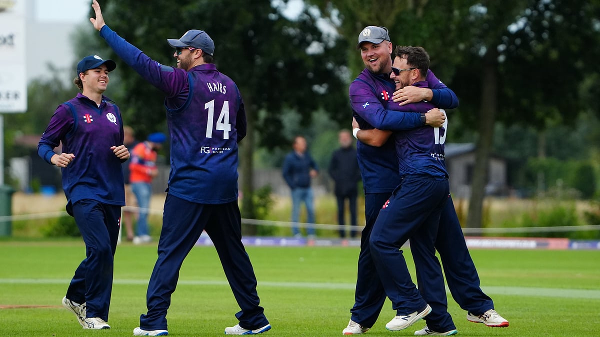 | Photo: X/icc_europe : Italy vs Scotland, ICC T20 World Cup Europe Qualifier 2025: Scotland players celebrate a wicket against the Netherlands.